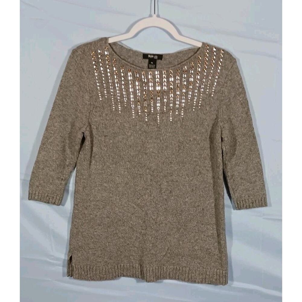 Style & Co Women's PL Gray Metal Embellished 3/4 Sleeve Sweater Cotton Rayon